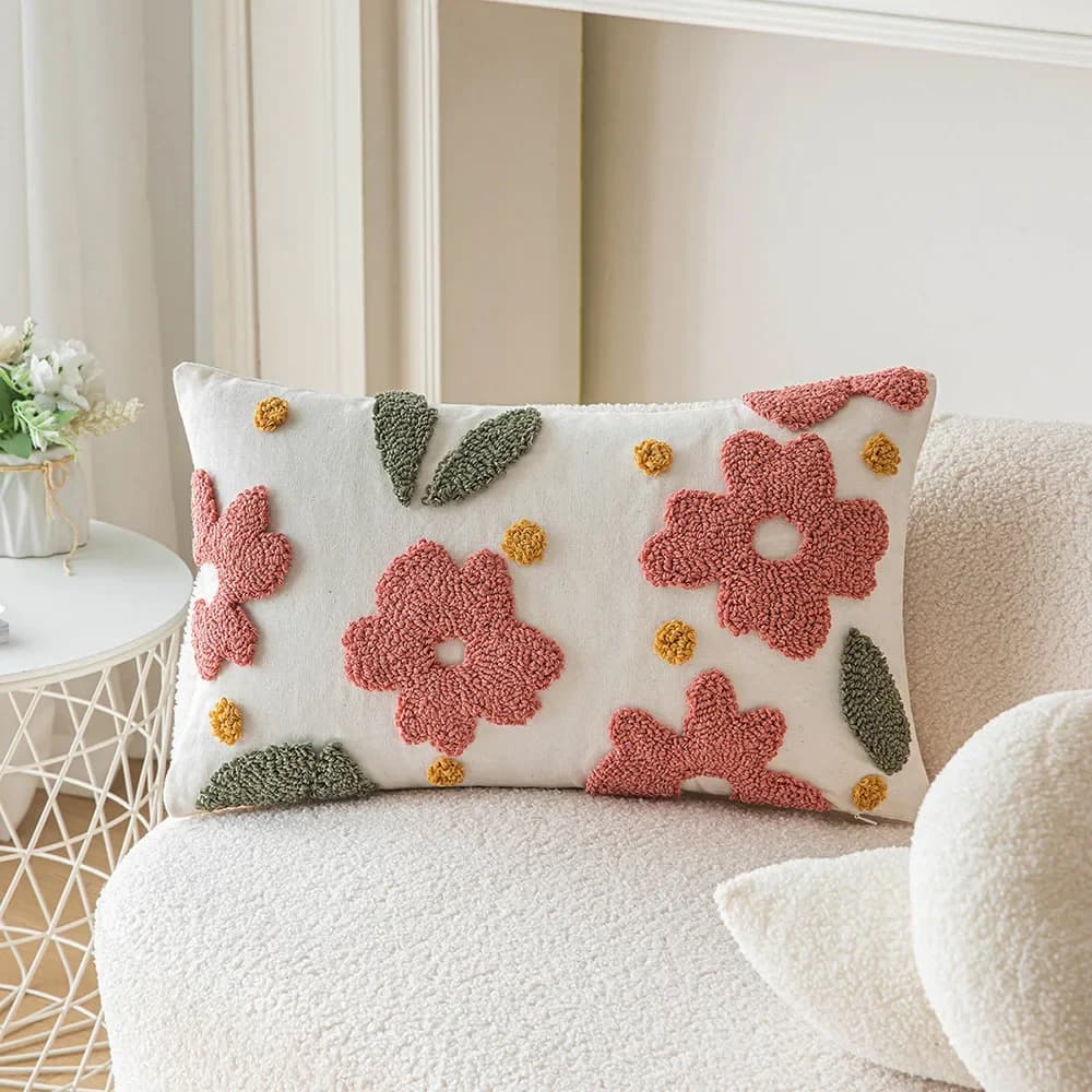 Juste de coussin tuftée de fleurs pour canapé de salon, broderie géométrique, taie d'oreiller de sol