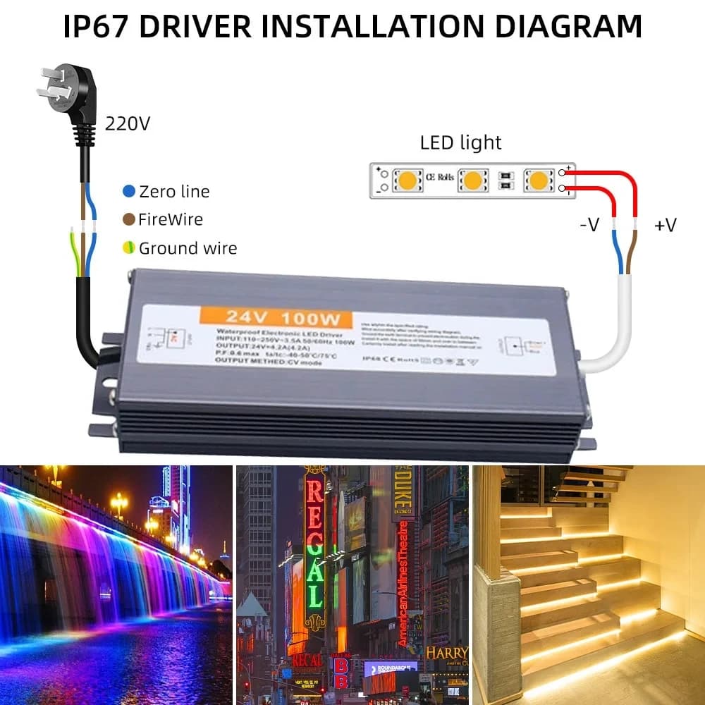 Transformateur d'éclairage étanche IP67, AC110V ~ 220V à DC 12V 24V, pilote LED 10W 20W 50W 100W 400
