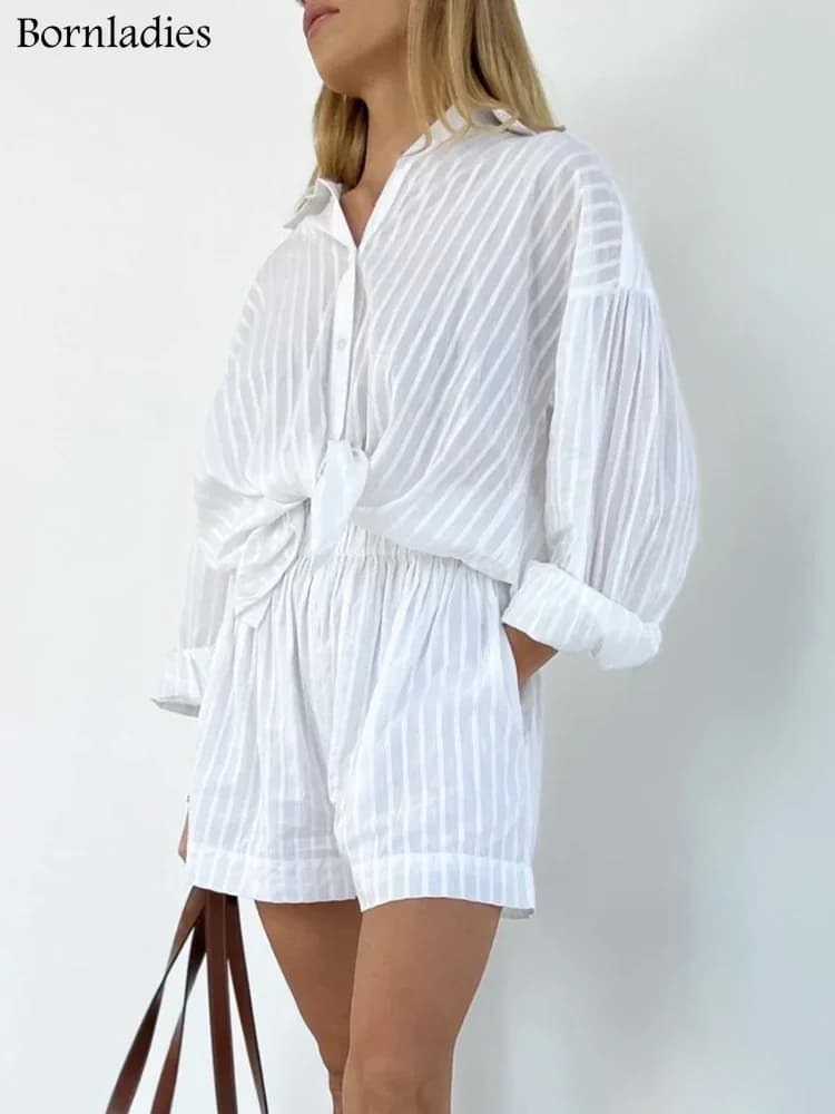 Bornladies-Ensemble short décontracté rayé jacquard, 2 pièces, chemise confortable à revers, manches