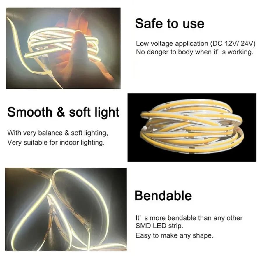 Bande lumineuse LED COB 12V 24V 320 480 LED, bande Flexible 8mm PCB blanc naturel chaud, lumières li