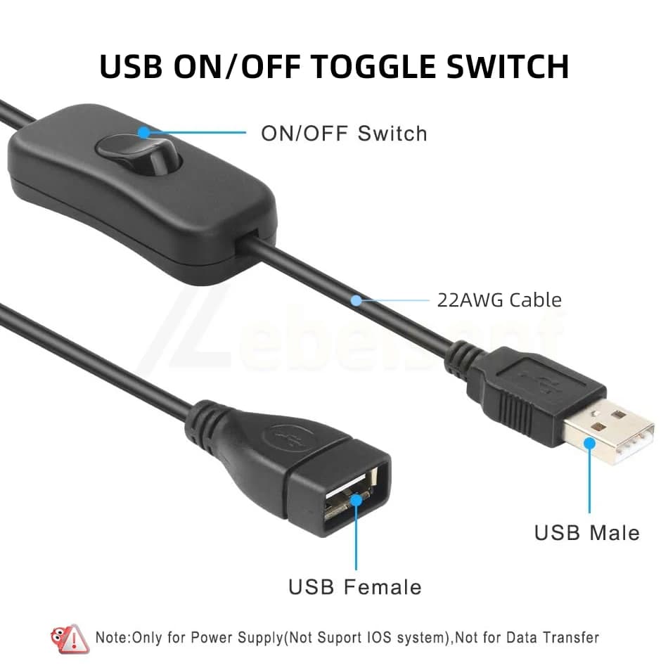 Câble USB mâle à femelle avec interrupteur marche/arrêt, bouton noir et blanc, contrôleur de variate