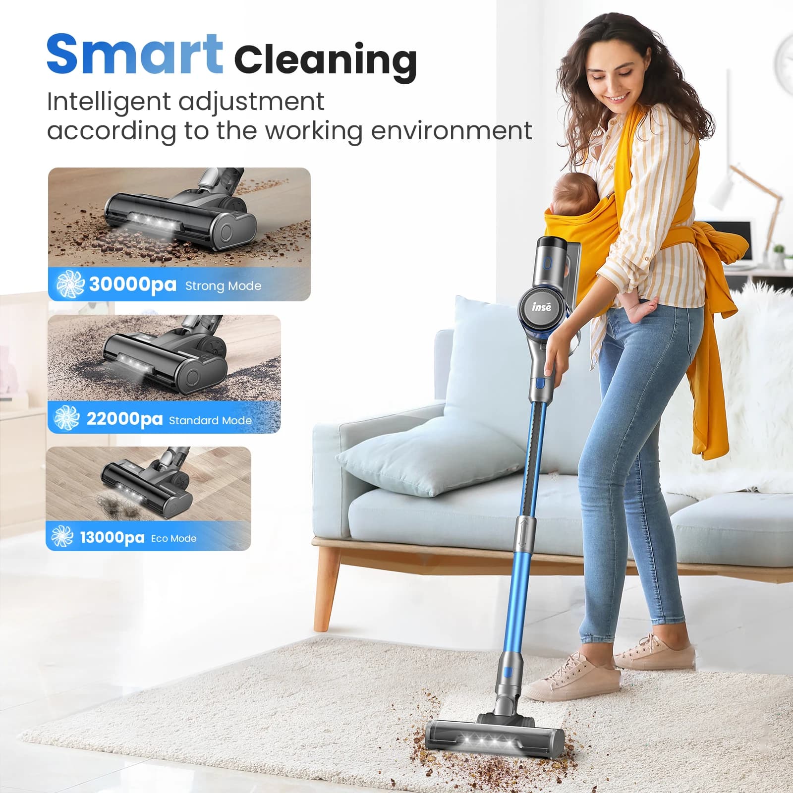 INSE-Aspirateur sans fil avec affichage LED, aspirateur à réglage intelligent, aspirateur pour tapis