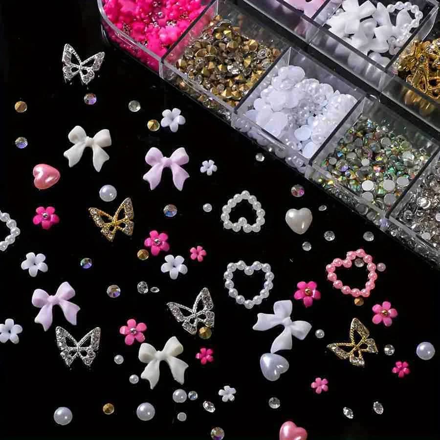 Strass pour ongles en alliage mixte, 12 grilles, nœud papillon, Mini fleur, gemmes, perles, cœur, dé