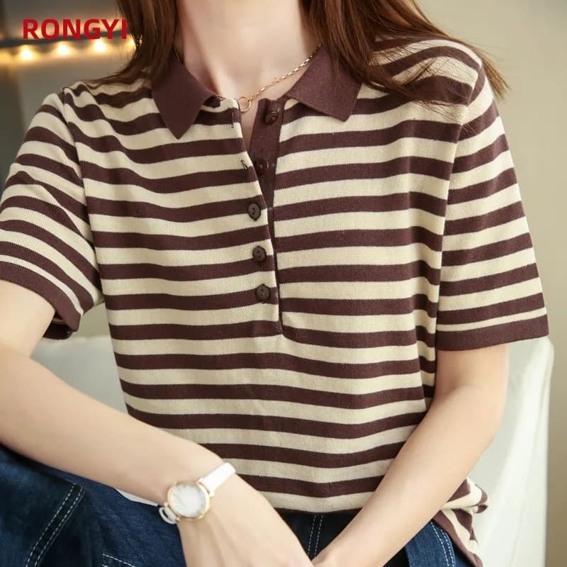 Leardean I-T-shirt à manches courtes pour femme, 100% coton, col polo, haut rayé et fin, printemps e