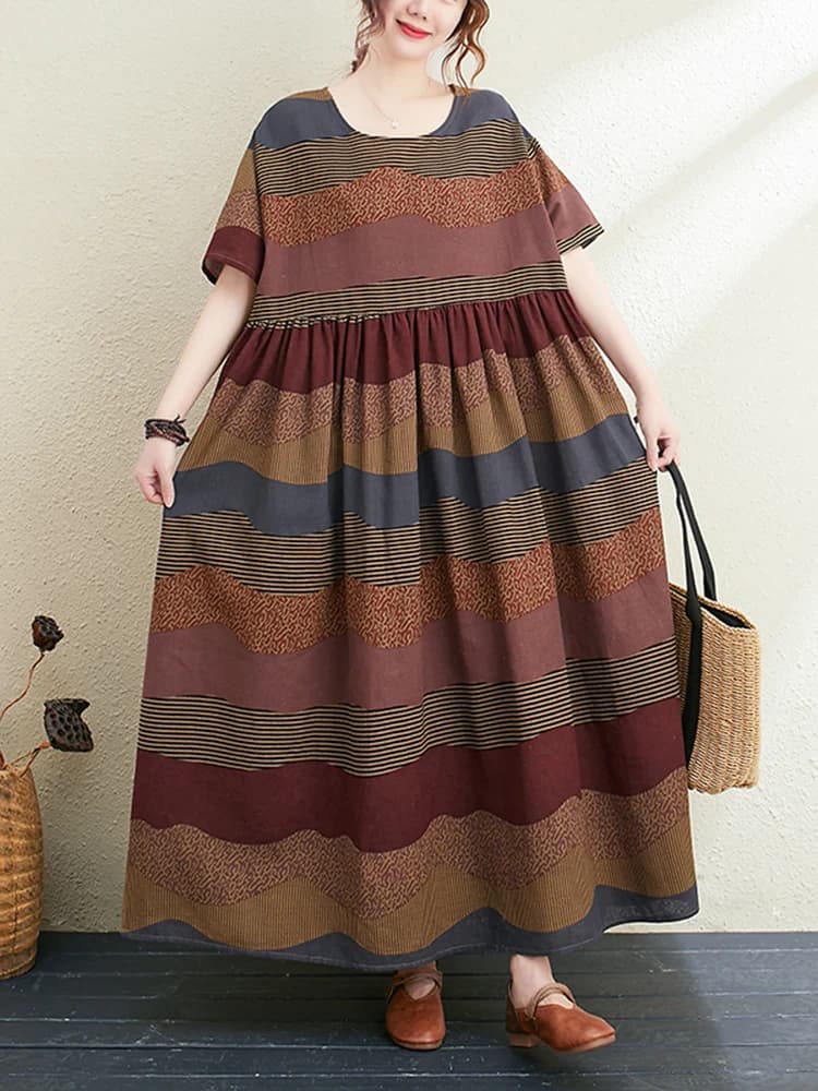 Nouvelle Robe Longue d'Été 2026 en Coton et Lin à Manches Courtes, Imprimé Rayé Vintage, Élégante po