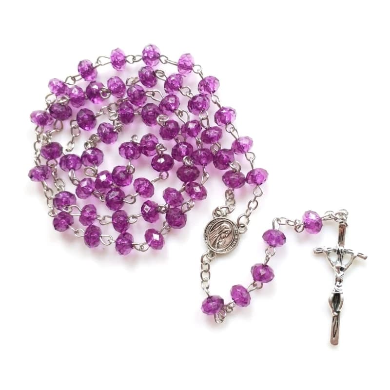 Collier chapelet croix perles violettes, décoration chambre à coucher, église sainte, maison