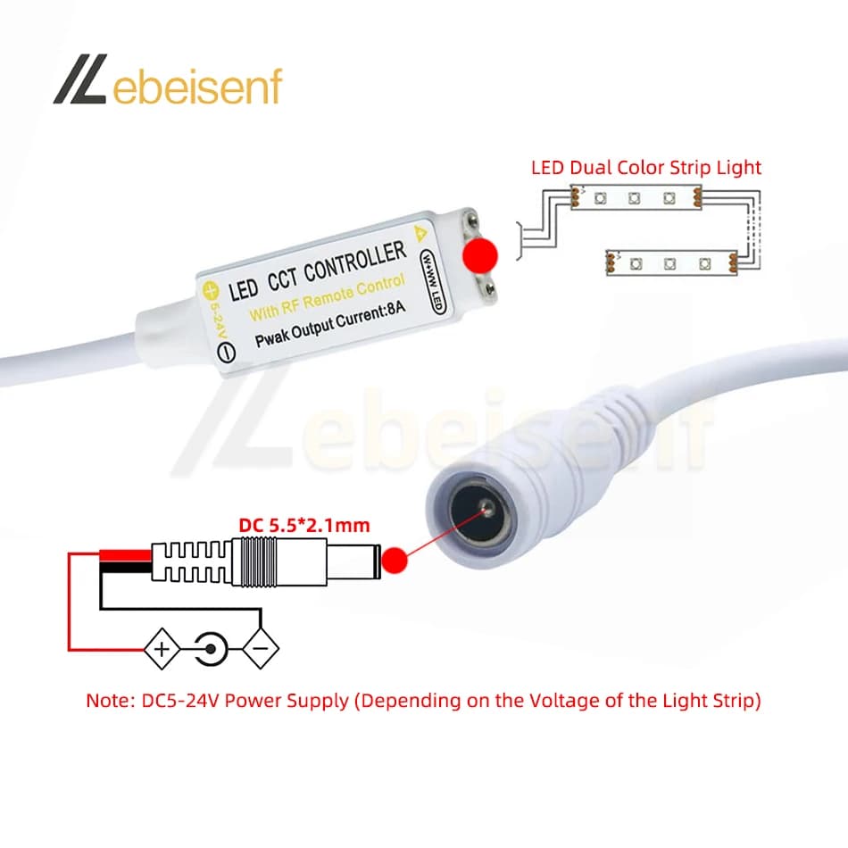 Variateur LED double couleur 5V 12V 24V, télécommande sans fil RF, prise USB DC, 3 broches 2700-6500