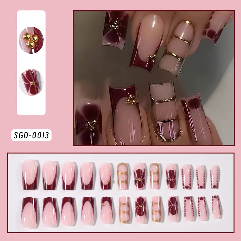 24 pièces bordeaux Floral doré rayure press-on ongles carrés cadeau de manucure fait à la main avec 