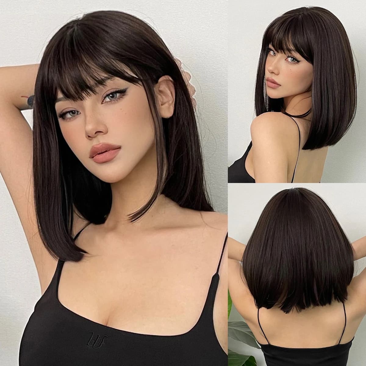 Perruques synthétiques naturelles courtes noires et brunes pour femmes, perruque Bob lisse avec fran