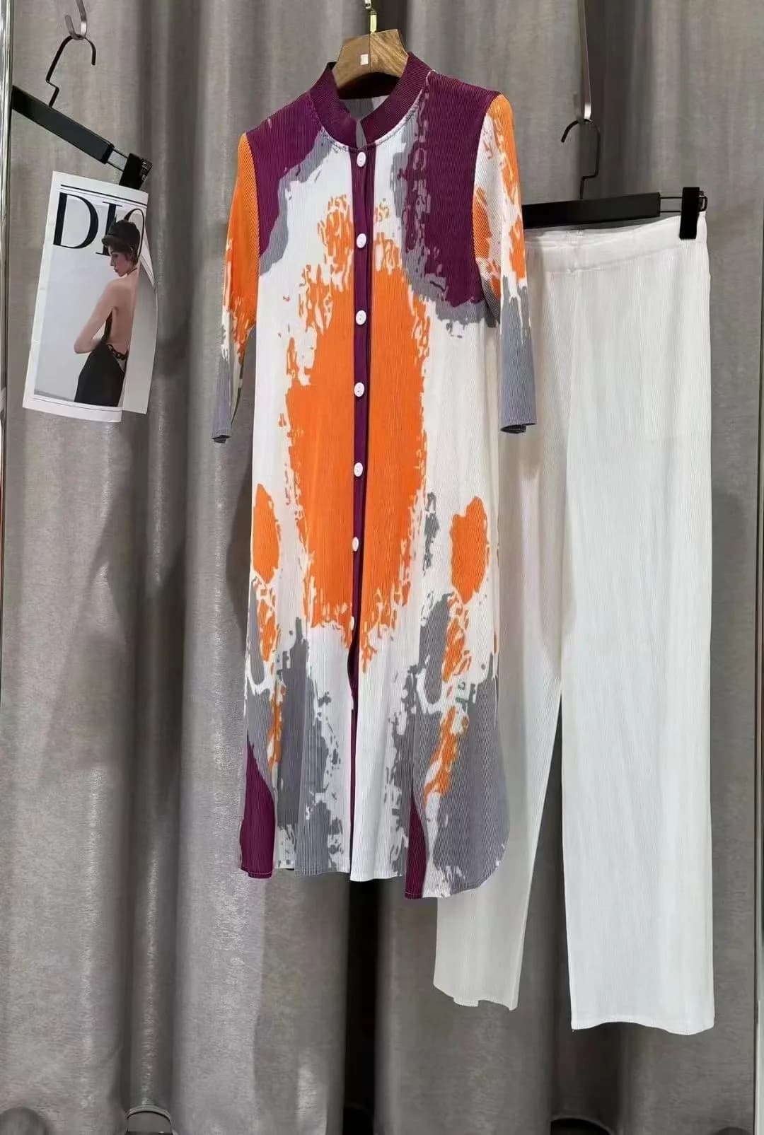 Ata Yaki-Robe Plissée à la Mode, Coupe Slim, Col Rond, Manches Trois Quarts, Jambes Larges, Pantalon