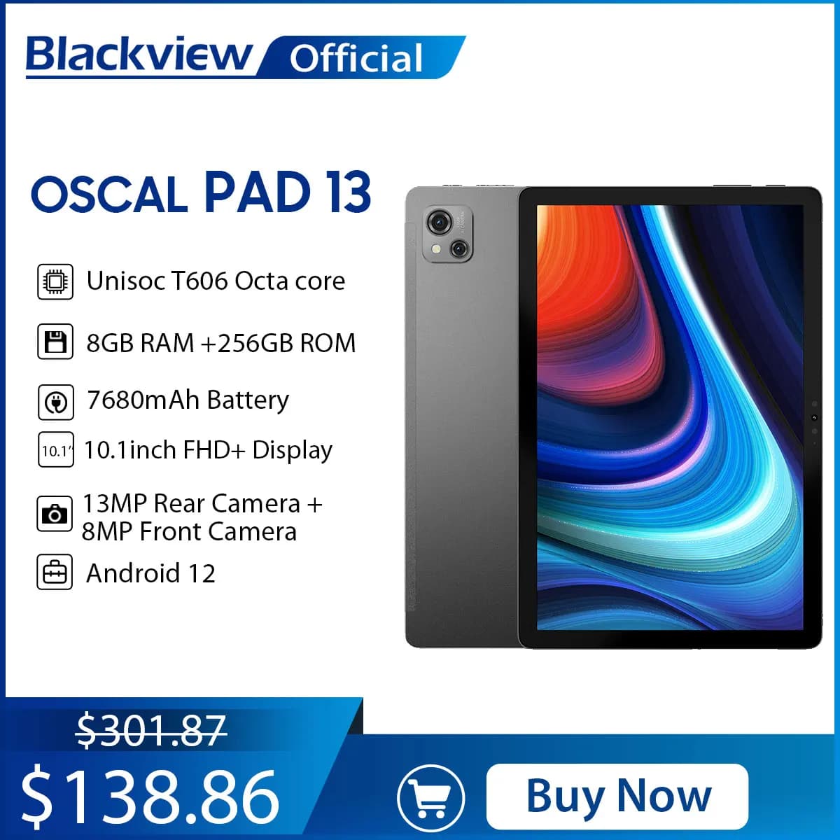 Blackview Pad 13 tablette PC 14(8 + 6)GB 256GB Android 12 10.1 ''HD + écran IPS Unisoc T606 tablette