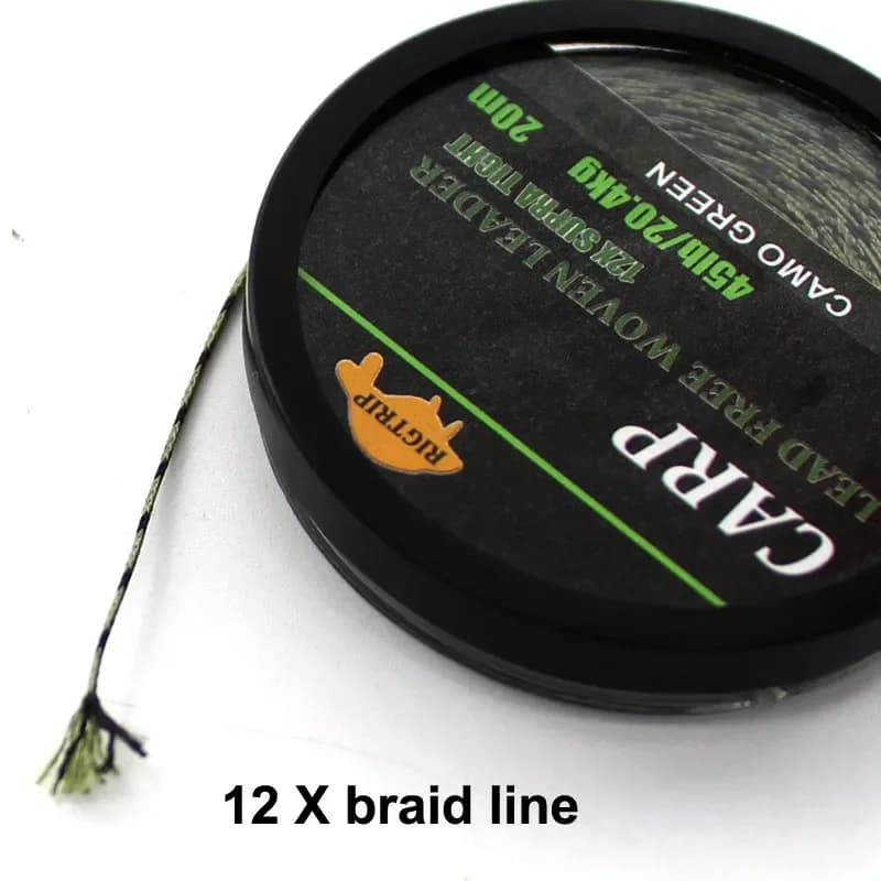 Ligne de Leader de pêche à la carpe, 20m, tissé sans plomb, camouflage vert, noyau sans plomb, 45lb,