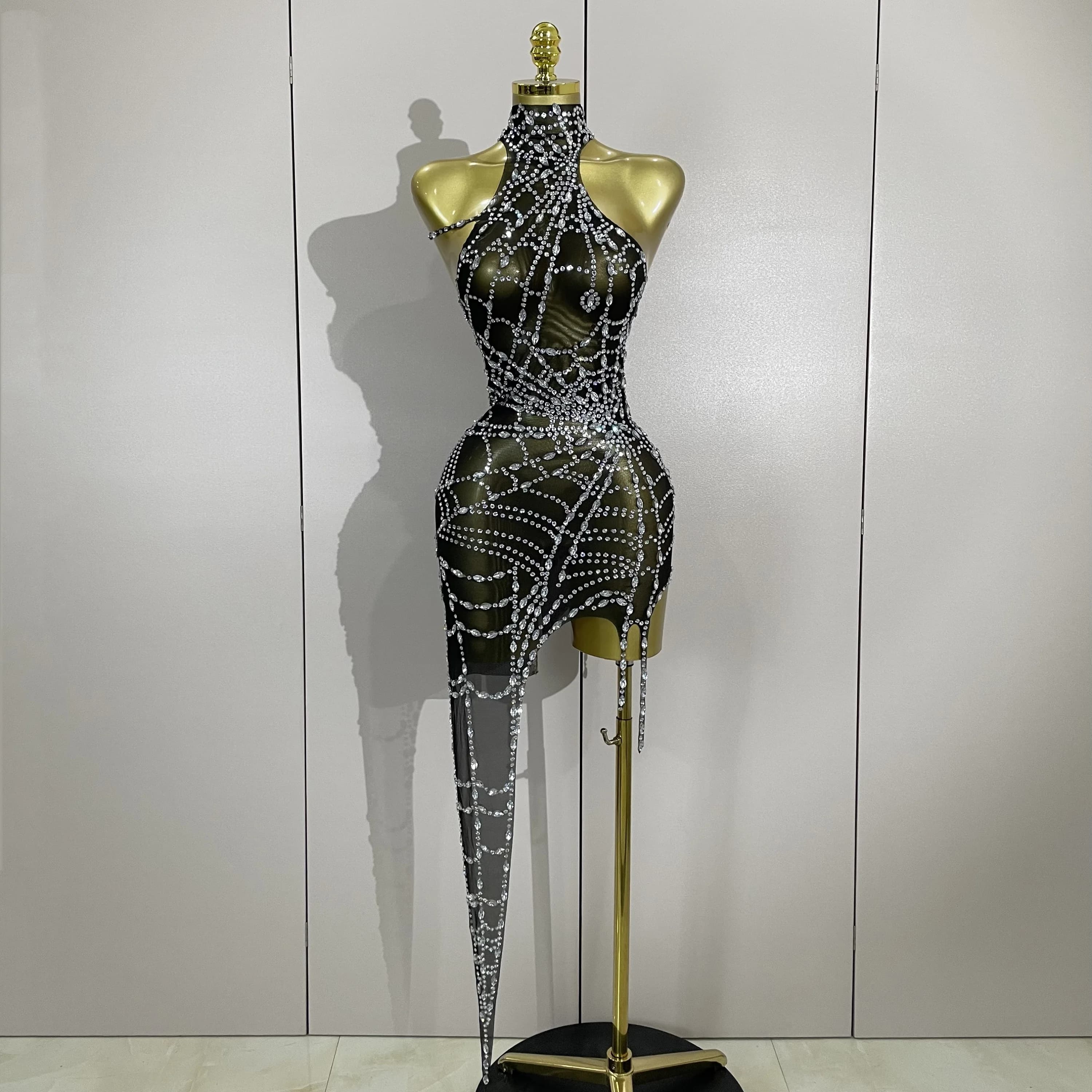 STOCK brillant diamant Sexy maille asymétrique moulante Mini robe femmes discothèque Bar fête specta