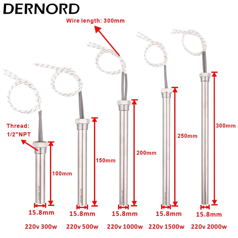Cartouche chauffante à Immersion, filetage 1/2 ", résistance à tige chaude cylindrique 220V 300W 500