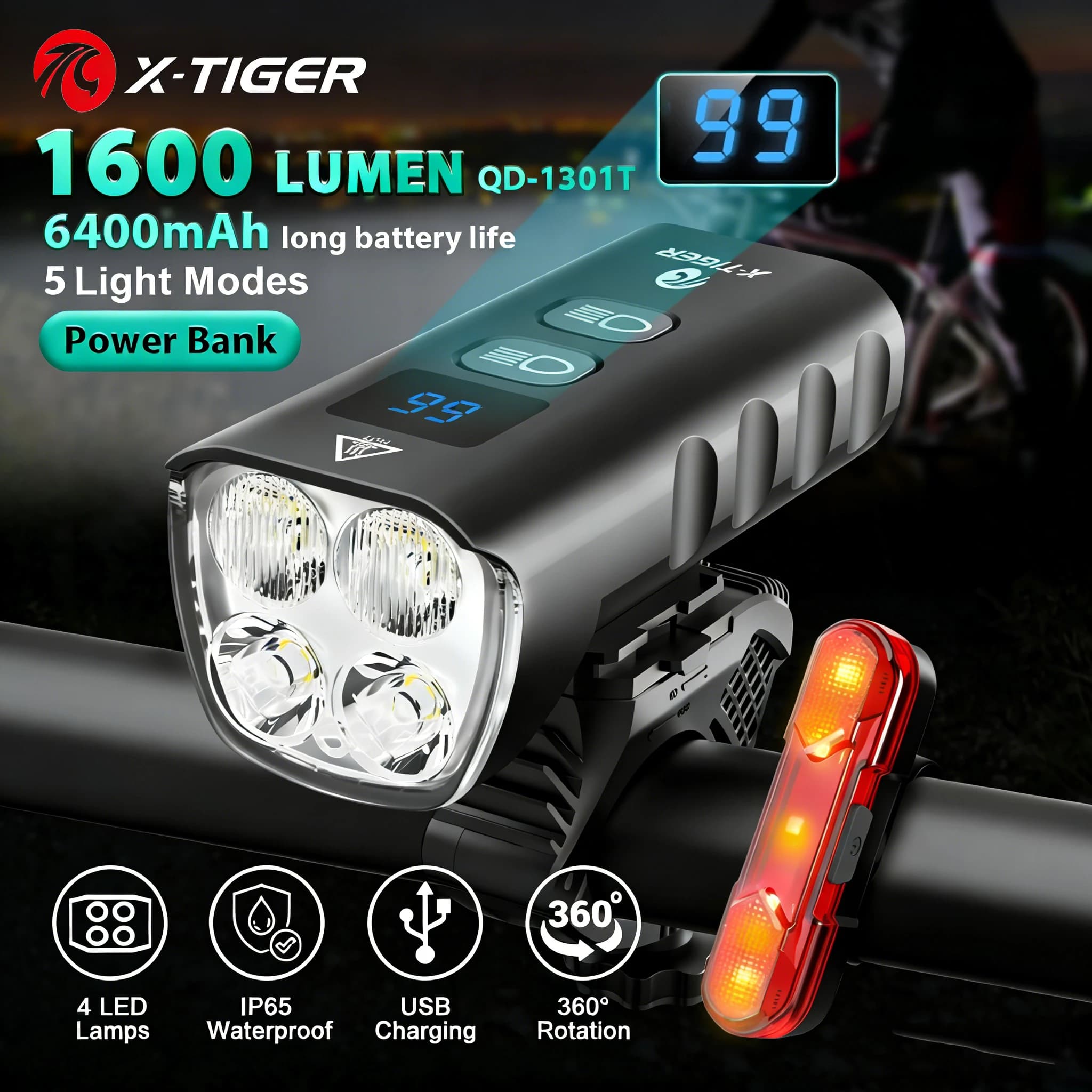 X-TIGER – lampe frontale de vélo, 6400mA, Rechargeable, 1600lm, lampe frontale de cyclisme, lampe de