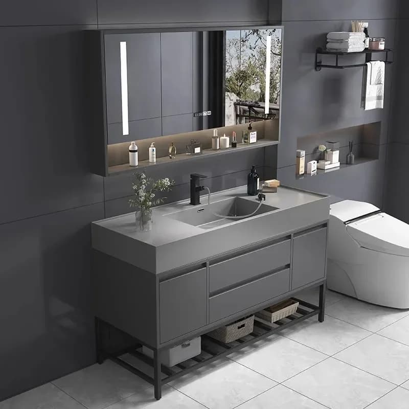 Armoire de salle de bain légère et luxueuse en bois massif, lavabo pour mains intégrées, miroir Inte