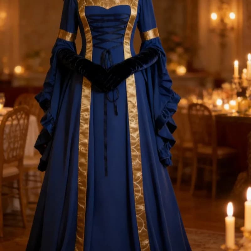 Robe maxi médiévale vintage à capuche, col carré, manches cloche, jupe évasée en dentelle