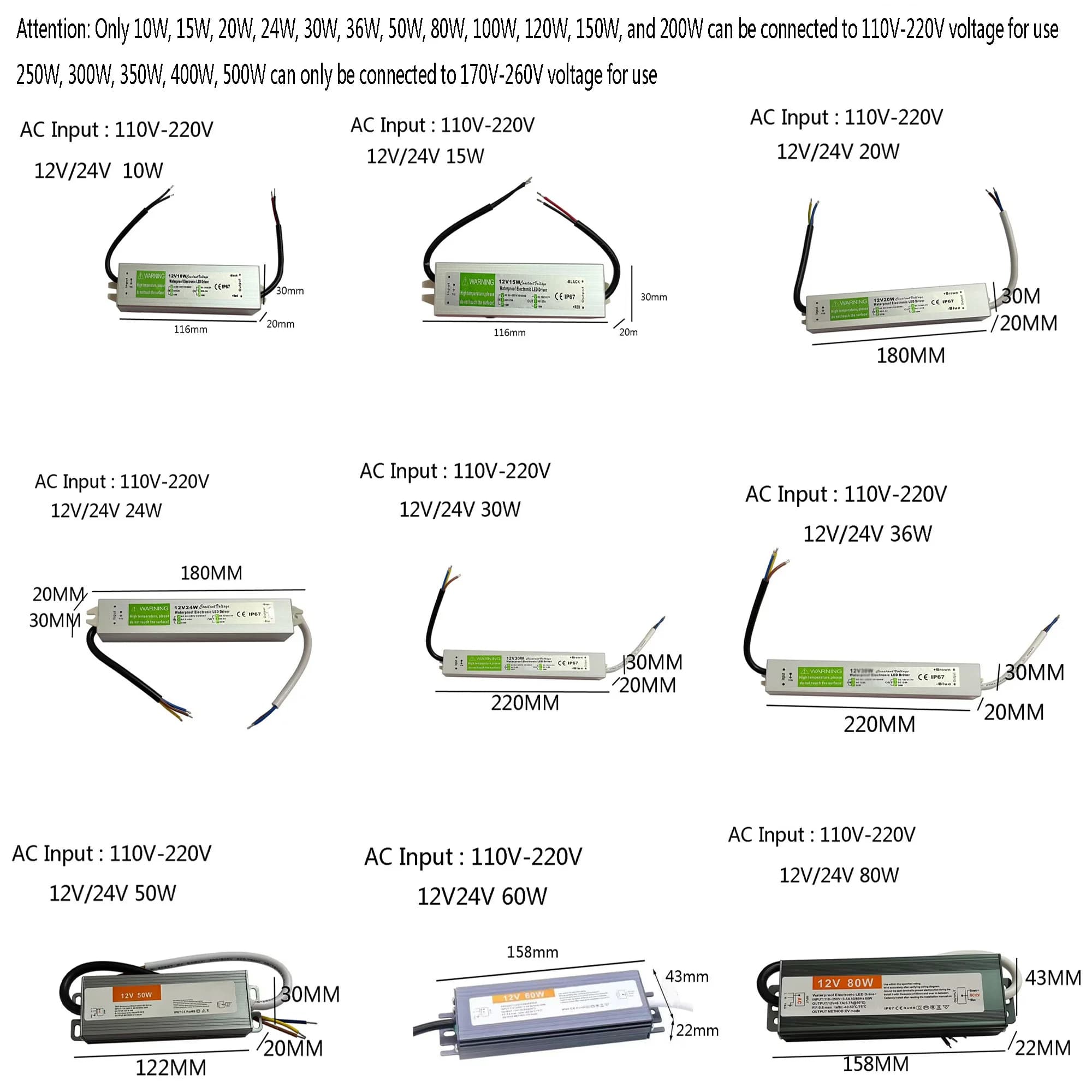 Transformateur d'éclairage étanche IP67, AC110V ~ 220V à DC 12V 24V, pilote LED 10W 20W 50W 100W 400