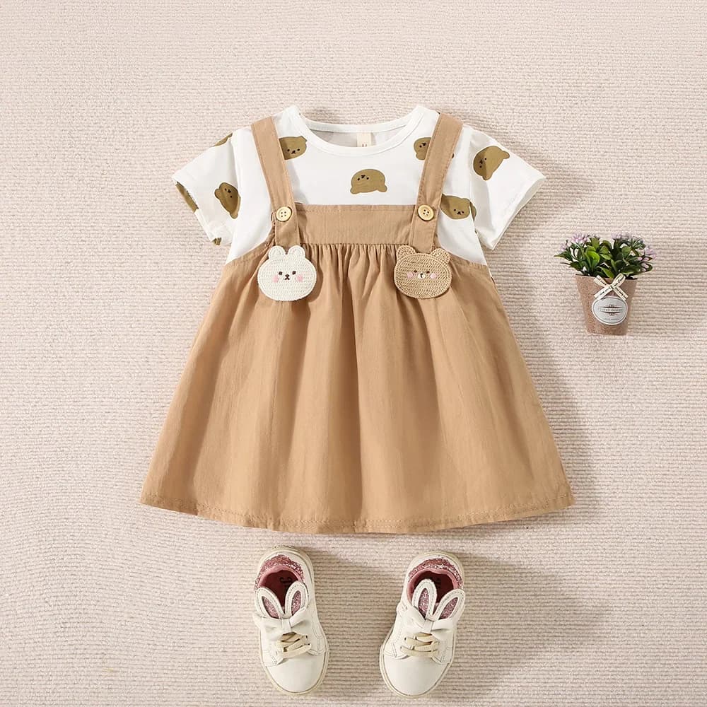 Robe d'été en coton pour petites filles, imprimé ours en peluche, manches courtes, fausse robe à bre