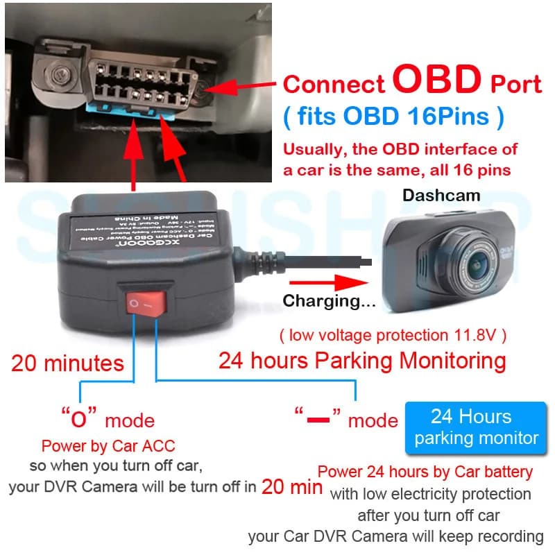 XCGaoon – Kit de voiture 24h, câble de chargement 5V 3A avec Port Mini micro USB, pour XiaoMi 70Mai 