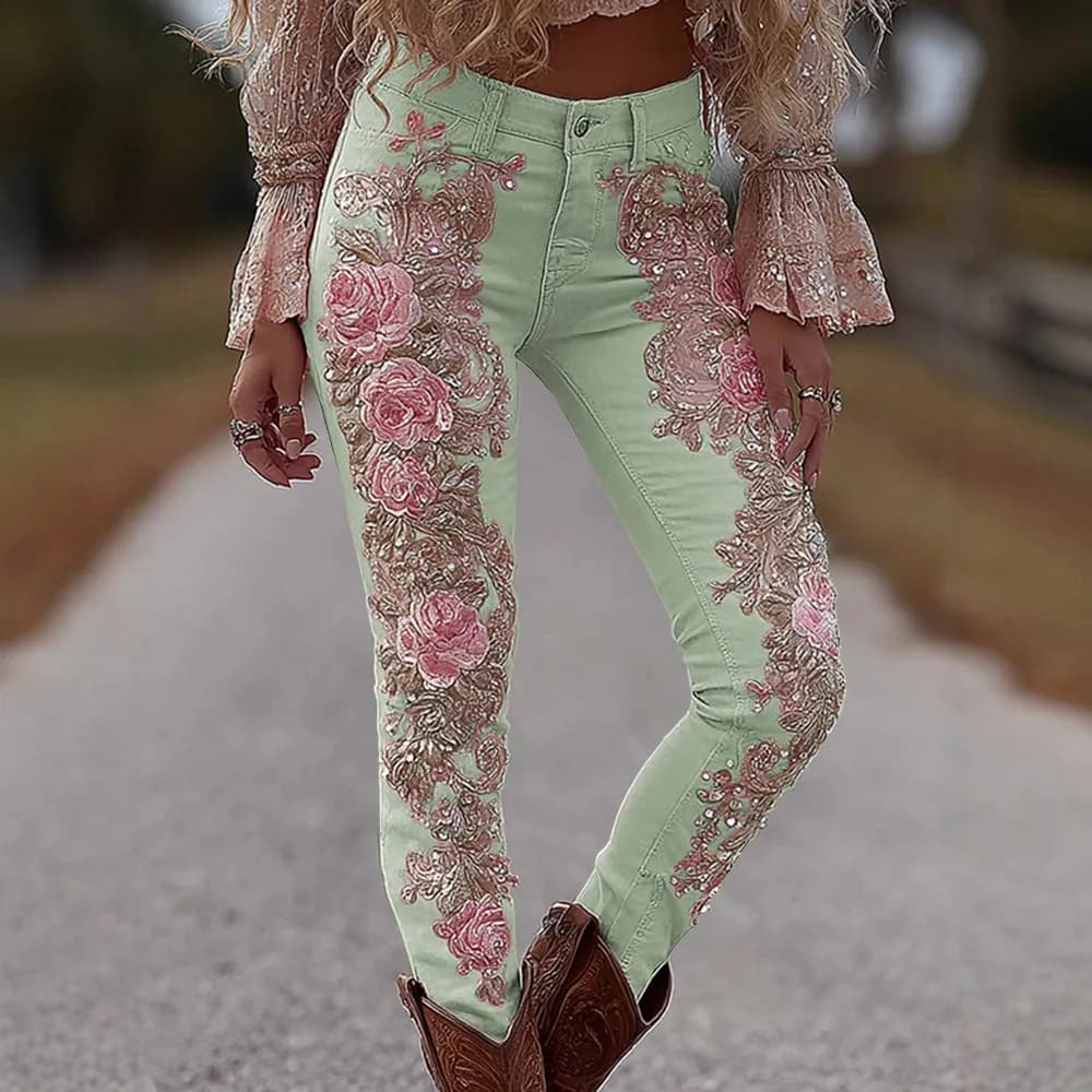 Pantalon en jean extensible pour femmes, imprimé floral 3D, coupe droite, décontracté