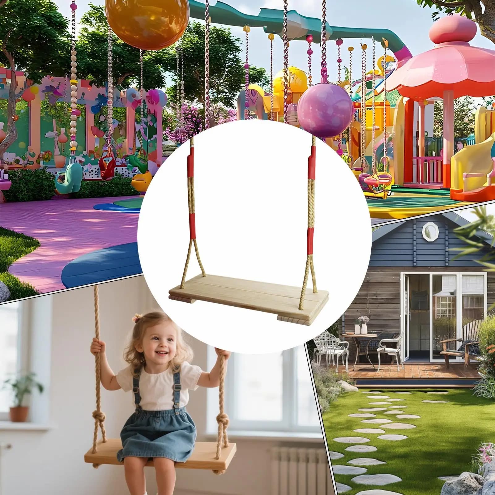 Balançoire extérieure en bois pour enfants, siège de balançoire avec corde réglable en hauteur, fort