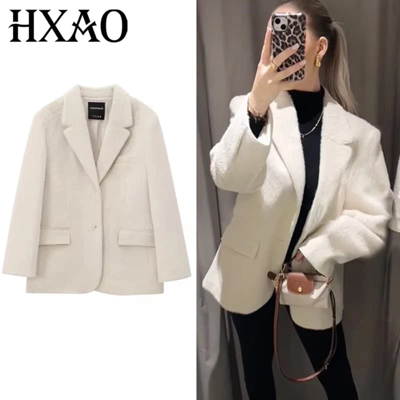 HXAO 2025 femmes Blazer fausse fourrure manteaux vêtements d'extérieur femme printemps vestes blanc 