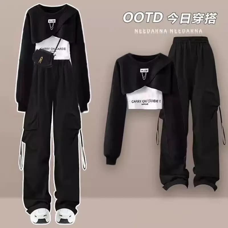 Style coréen Patchwork T-shirt à manches longues pantalon de travail pantalon à jambes larges deux p
