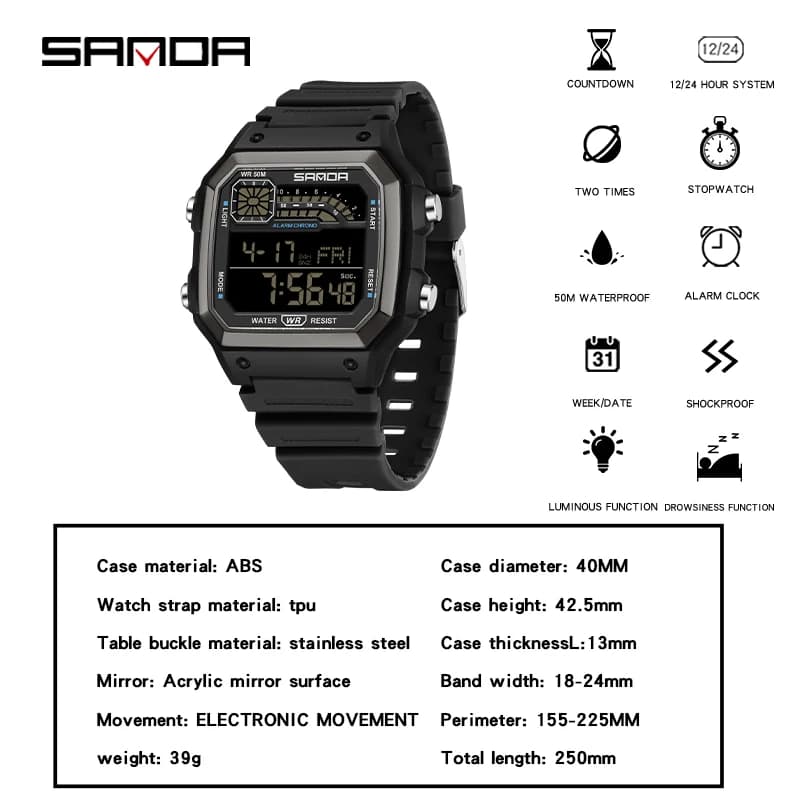 SANDA Sport de plein air chronographe électronique montre hommes montres multifonctions réveil Chron