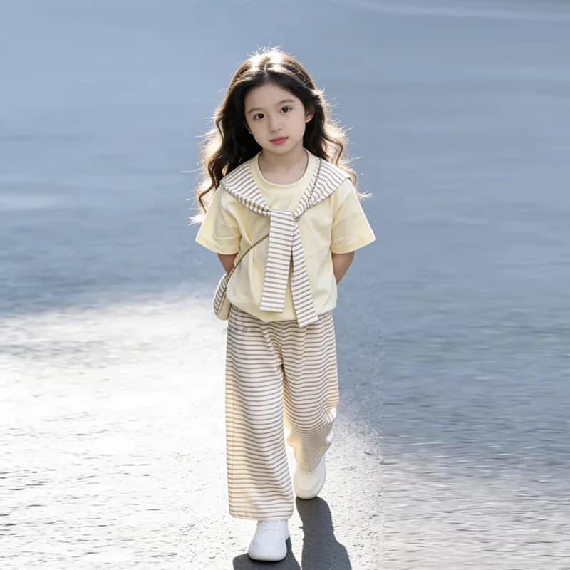 Ensembles d'été pour filles, costume à manches courtes pour enfants, T-shirt à rayures + pantalon à 