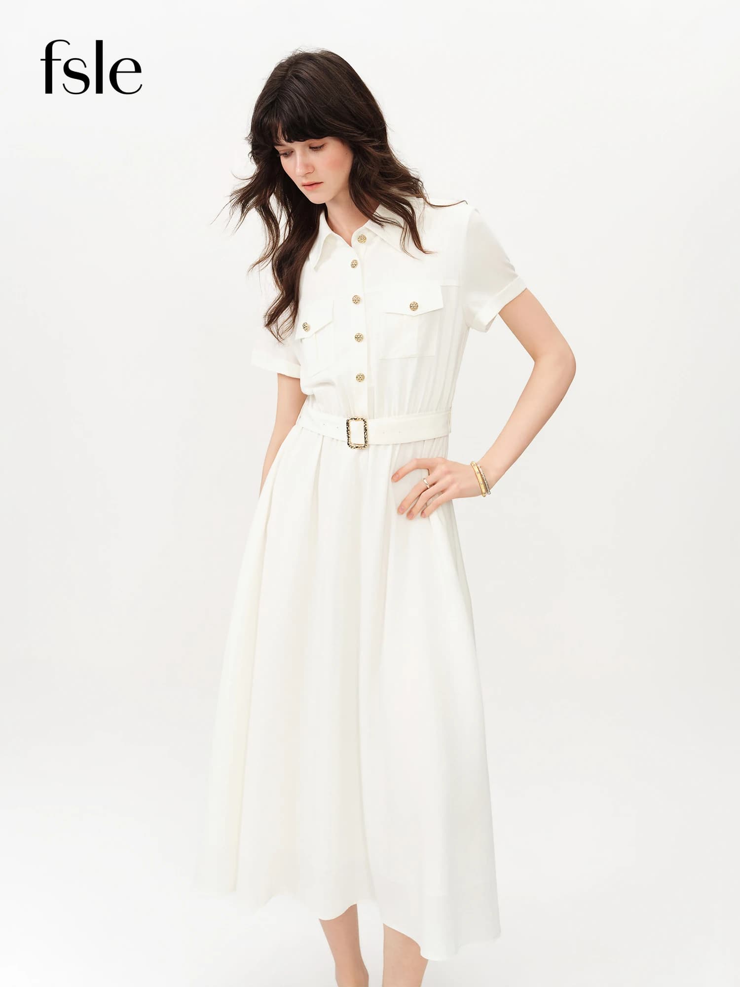 Robe d'été sophistiquée en lin à manches courtes pour femme FSLE 2026 - Coupe trapèze classique mi-l