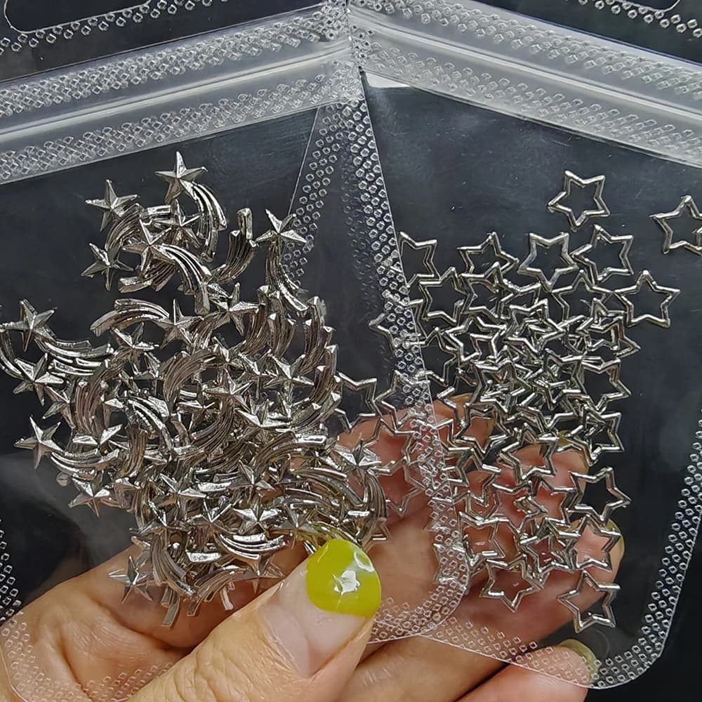 Breloques étoiles argentées pour ongles, bijoux métalliques 3D, gemmes météores évidées, décorations