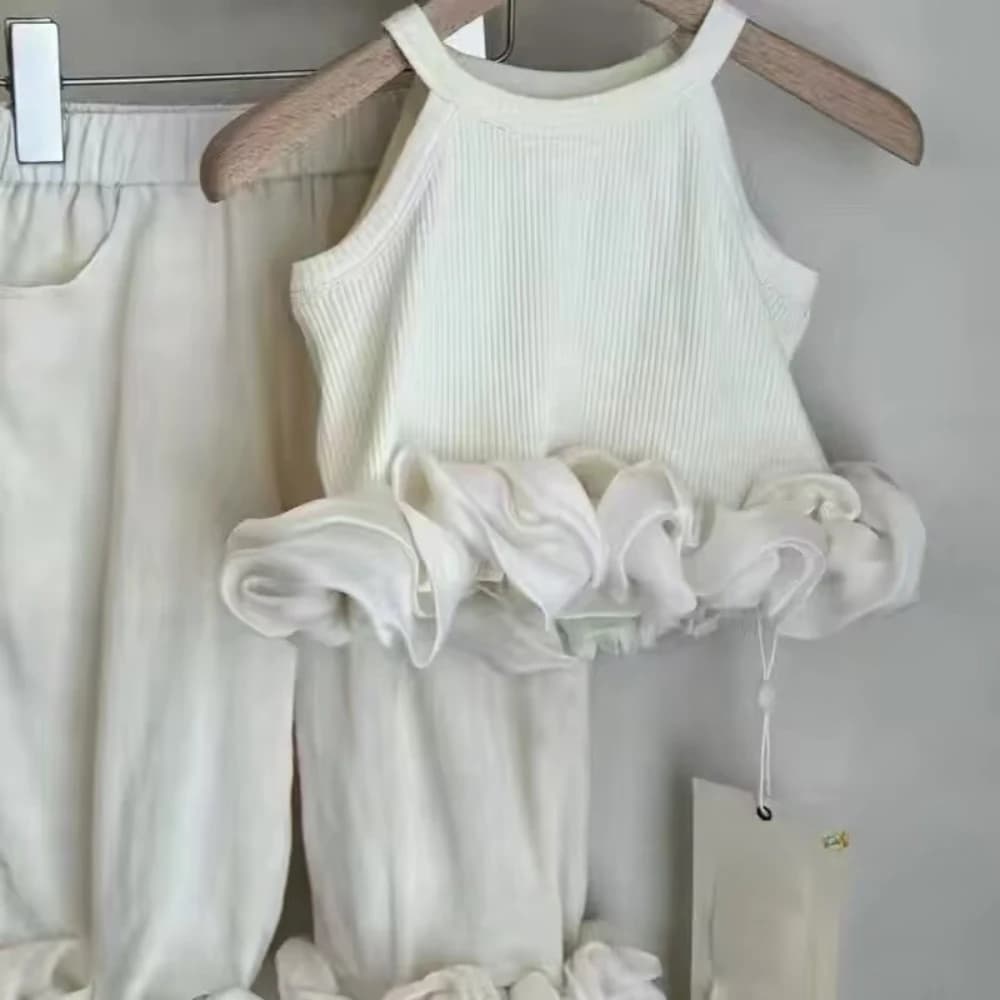Nouvel ensemble d'été pour filles de 2 à 7 ans : haut sans manches à col rond en dentelle de couleur
