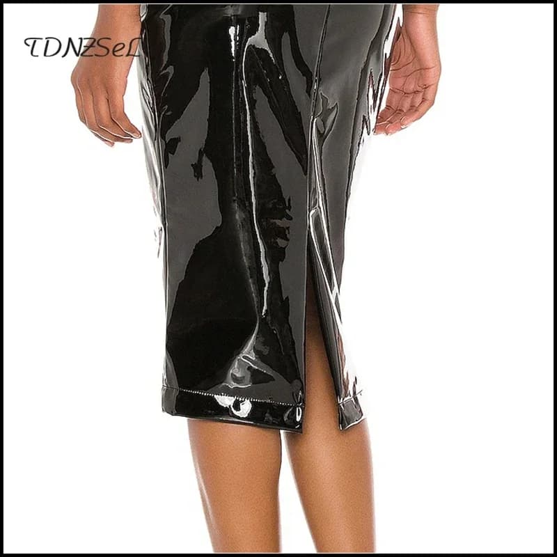 Jupes mi-longues en cuir de latex brillant pour femmes, taille haute, mince, dame de bureau, command