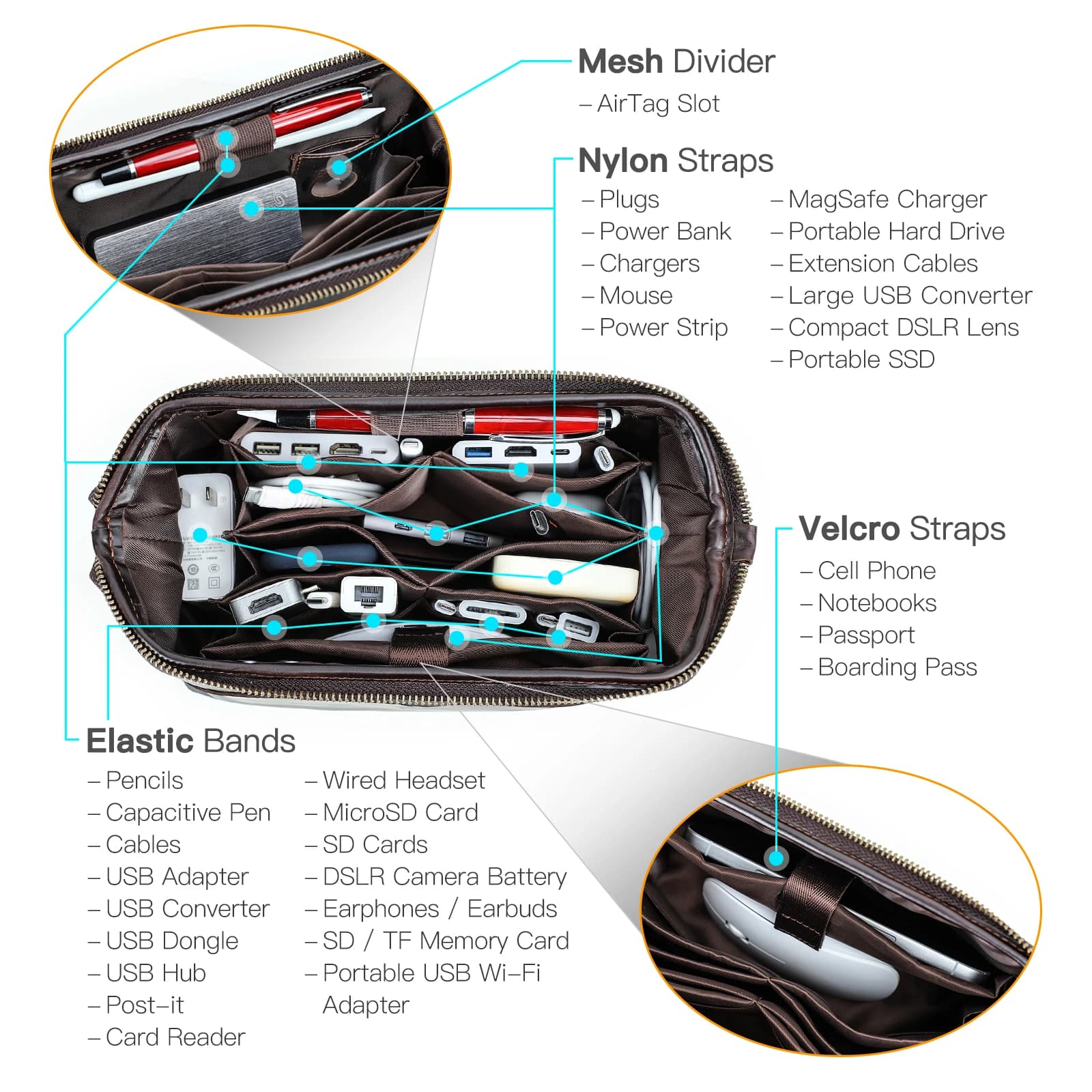 CONTACT'S sacs de rangement de câbles en cuir véritable pour hommes pochette de câble de voyage poch