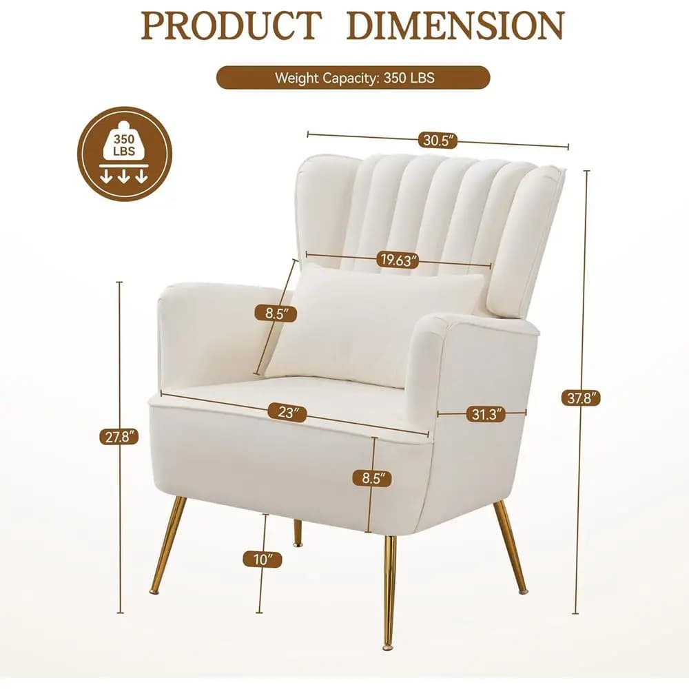 Fauteuil à oreilles blanc moderne du milieu du siècle, avec oreiller et pieds dorés, coussin de 8.5 
