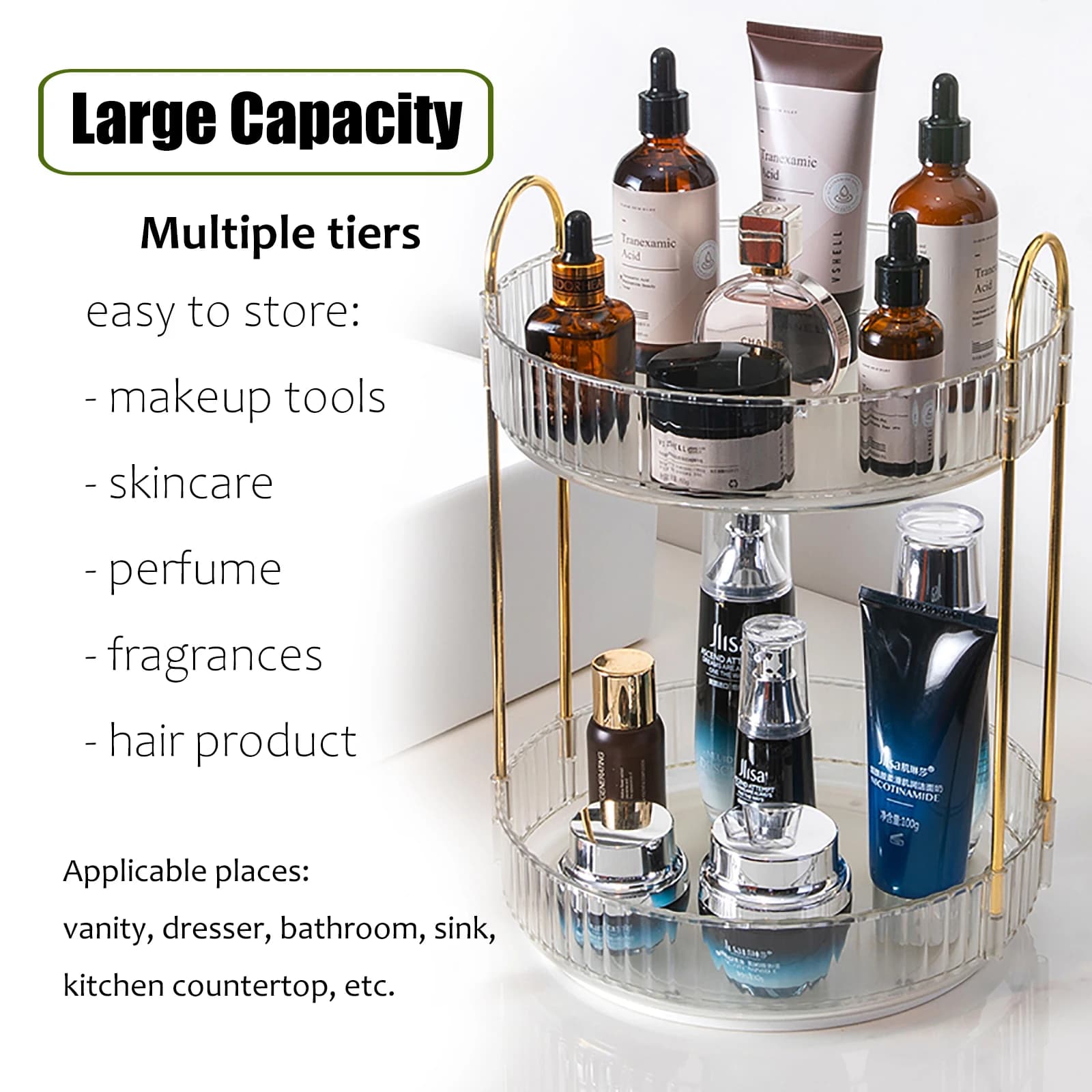 Commode cosmétique de parfum de stockage de soins de la peau, haut de seau, rotation 360, évaluation