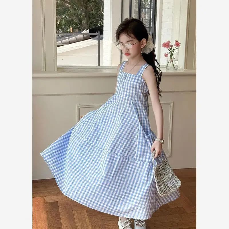 UNITIM – robe d'été sans manches pour filles, en coton, à carreaux bleus, pour enfants de 4 à 14 ans
