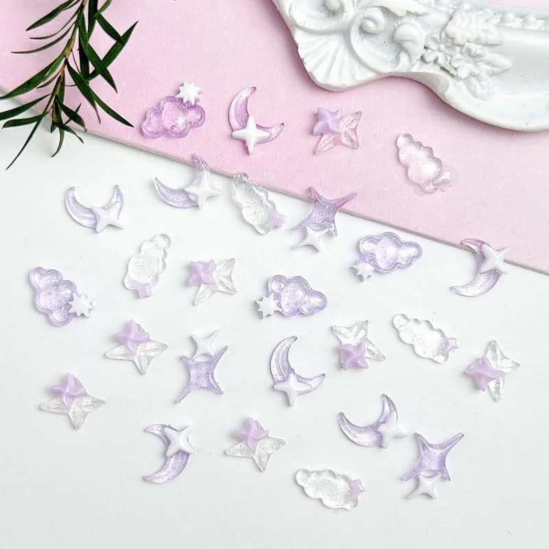 Breloques en résine transparente pour Nail Art, lune, nuage, blanc, violet, étoile à quatre branches