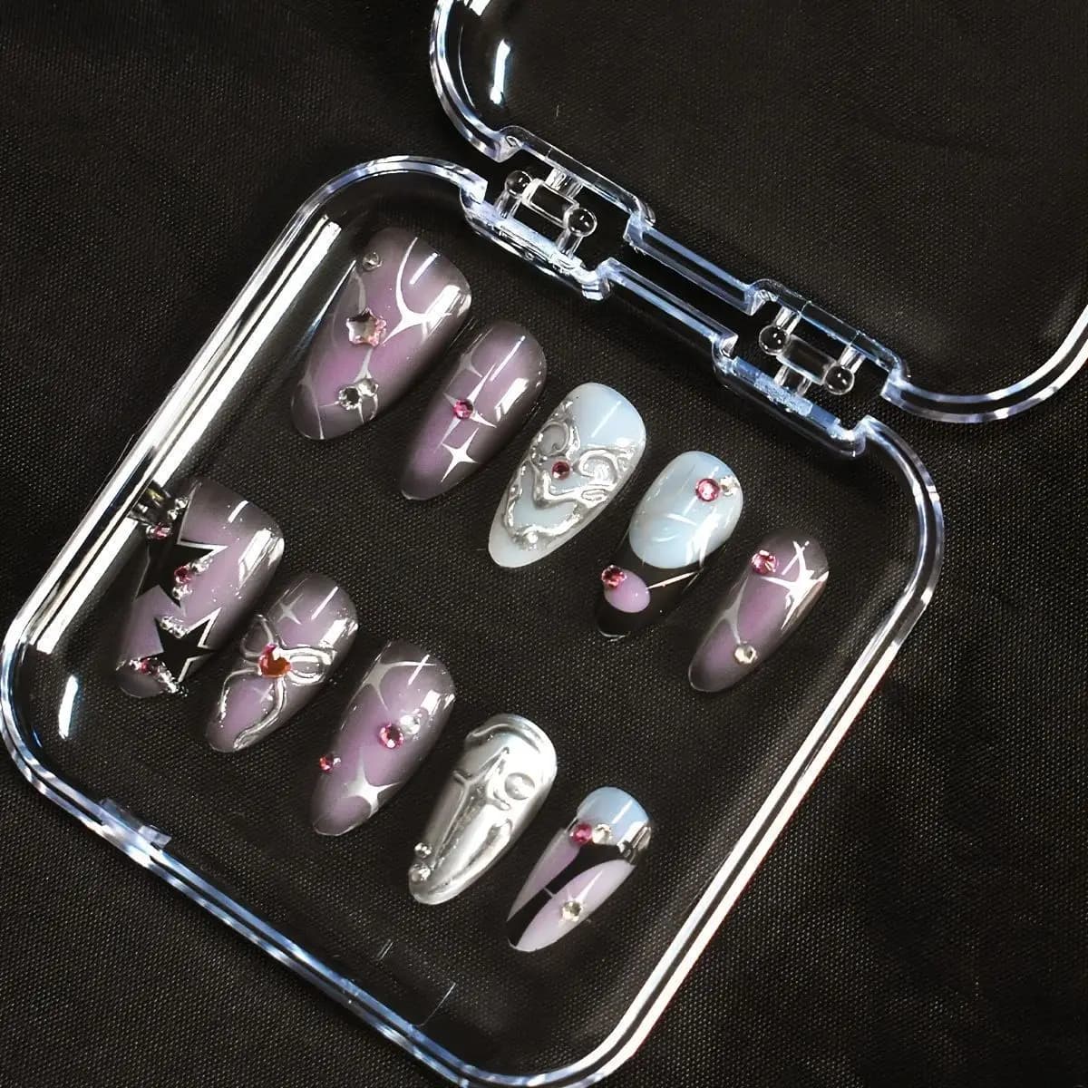 Faux ongles violet foncé, Design diamant 3d, à pression faite à la main, couverture complète, portab