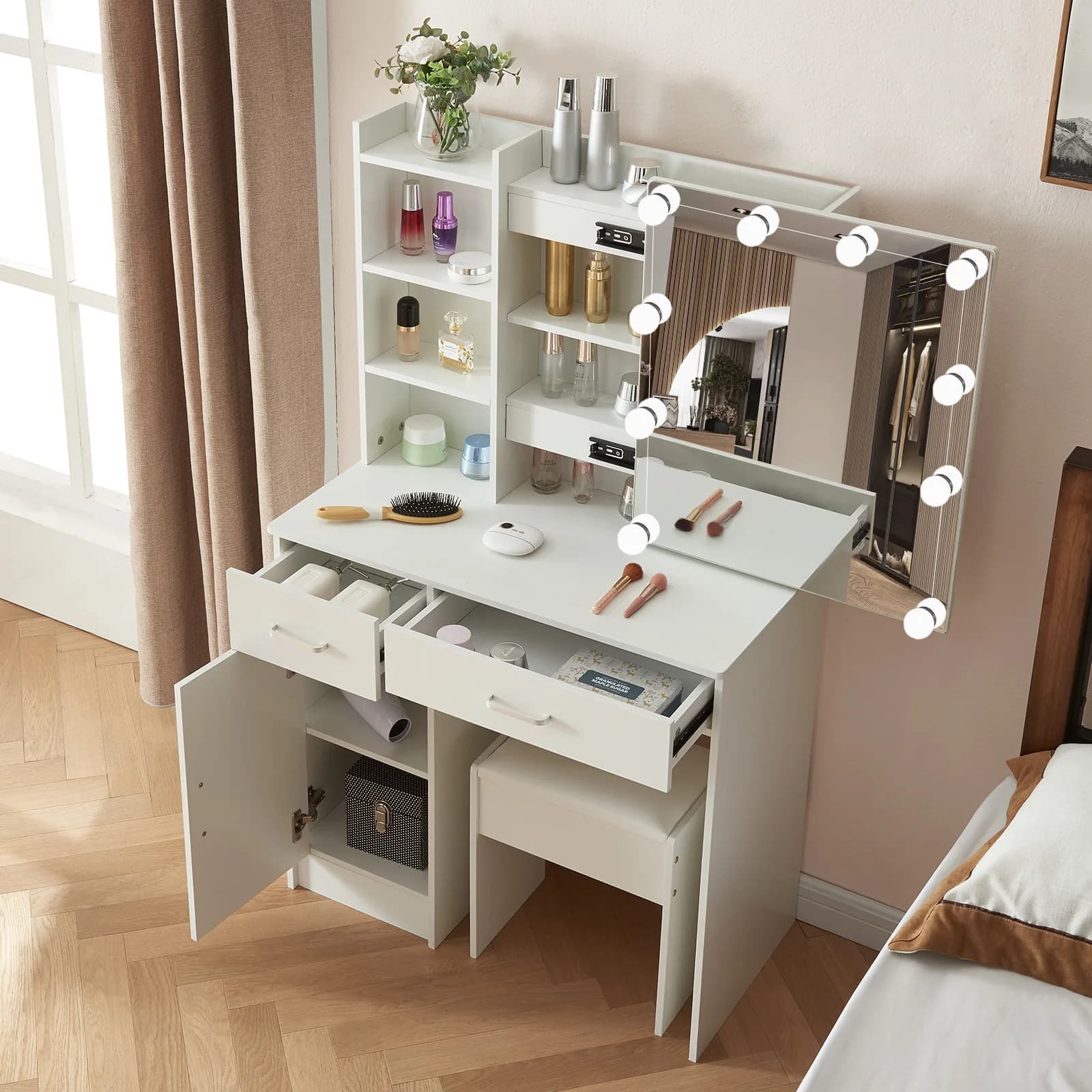 Ensemble de vanité de maquillage avec miroir et lumières, commode, armoire de rangement, 3 modes d'é