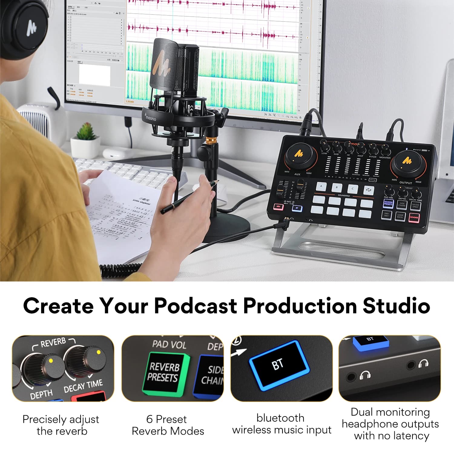 Interface audio Maono AME2, carte son, mixeur DJ, studio portable tout-en-un pour l'enregistrement, 