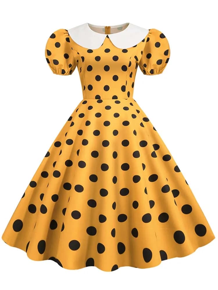 Robe d'été élégante pour femme, manches courtes bouffantes, à pois, col Peter Pan, style vintage, co