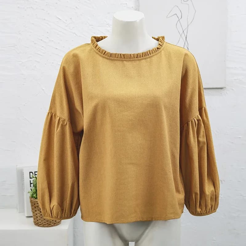 T-Shirt en Lin Rétro pour Femme, Décontracté, Col Rond, à Volants, Manches sulf, Printemps Automne
