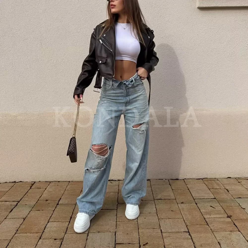KONDALA 2026 Printemps-Été – Pantalon en jean élégant pour femme, coupe large, déchiré, idéal pour l