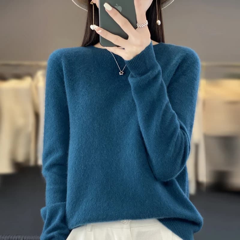 Pull tricoté en laine mérinos Pure pour femme, pull à col rond, sans couture, en cachemire, vêtement
