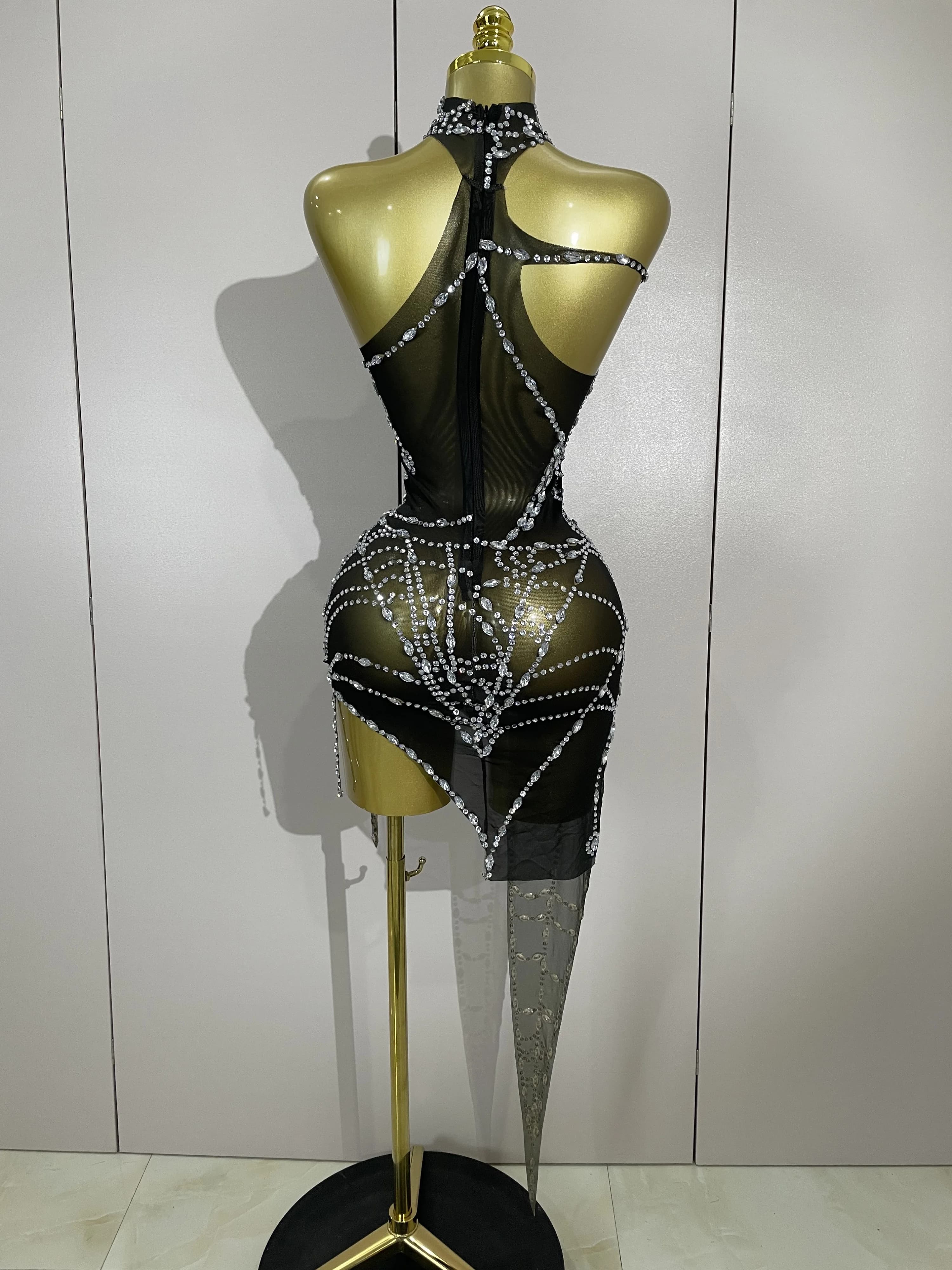 STOCK brillant diamant Sexy maille asymétrique moulante Mini robe femmes discothèque Bar fête specta