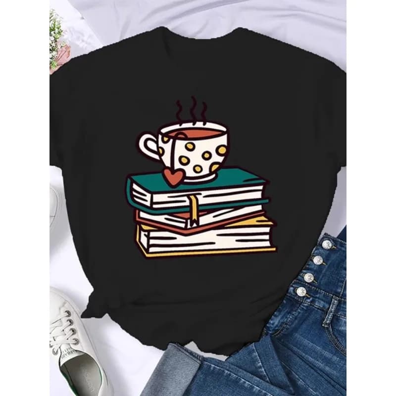 Café livres livres marron américain rétro T-shirt femme col rond demi manches T-shirt imprimé T-shir