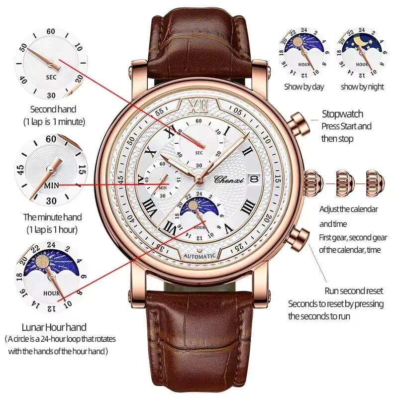 Chenxi 976 cuir chronographe Date hommes Phase de la lune chronométrage affaires lumineux montre à Q