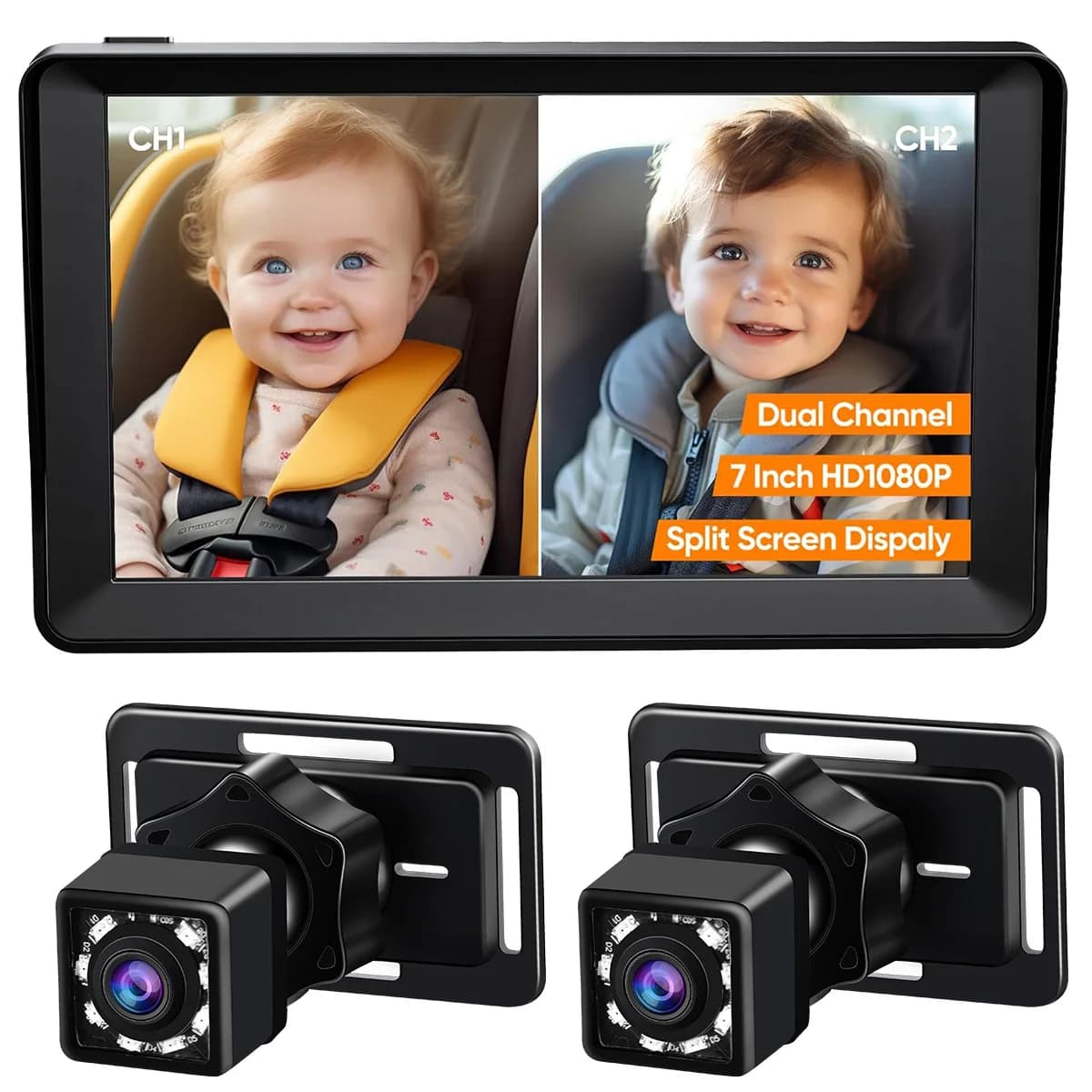 Caméra de voiture pour bébé pour 2 enfants, 7 pouces, 1080P AHD, double objectif, grand angle 360° °